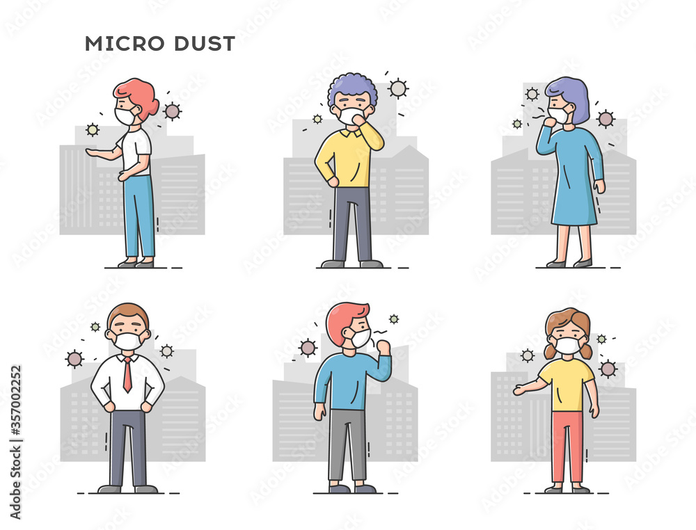Concept Of Fine Dust, Air Pollution, Industrial Smog. Set Of Sad People Wearing Protective Masks. Men And Women On Polluted Cities Backgrounds. Cartoon Linear Outline Flat Style. Vector Illustration Concept Of Fine Dust, Air Pollution, Industrial Smog. Set Of Sad People Wearing Protective Masks. Men And Women On Polluted Cities Backgrounds. Cartoon Linear Outline Flat Style. Vector Illustration
