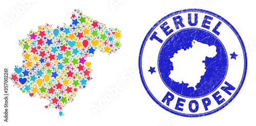 Celebrating Teruel Province map collage and reopening textured stamp seal. Vector collage Teruel Province map is made with scattered stars, hearts, balloons.
