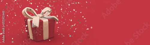 Beautiful gift box with golden bow and ribbons on red backgound, falling confetti. 3D illustration. Horizontal banner.