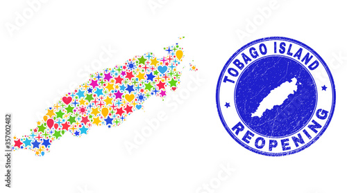 Celebrating Tobago Island map collage and reopening corroded stamp. Vector collage Tobago Island map is done with randomized stars, hearts, balloons.