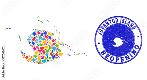 Celebrating Juventud Island map mosaic and reopening rubber seal. Vector mosaic Juventud Island map is created from scattered stars, hearts, balloons.