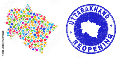 Celebrating Uttarakhand State map mosaic and reopening rubber seal. Vector mosaic Uttarakhand State map is organized with scattered stars, hearts, balloons.