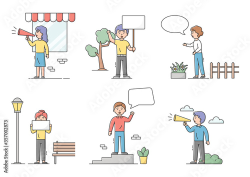 Demonstration Speech, Political Freedom Concept. Set Of Dissatisfied People, Complaining, Striking And Protesting With Loudspeakers And Speech Bubbles. Cartoon Linear Outline Flat Vector Illustration © Intpro