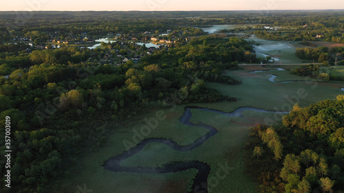  Aerial view of american countryside in the summertime. Sunrise, dawn, misty early morning. North american rural landscape, Beautiful nature of Midwest