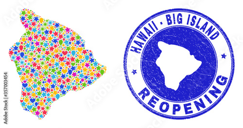 Celebrating Hawaii Big Island map collage and reopening corroded stamp seal. Vector collage Hawaii Big Island map is designed from random stars, hearts, balloons.