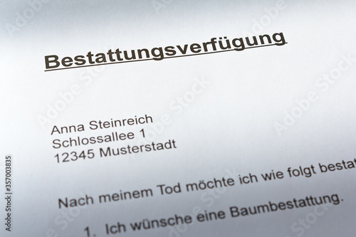 German advance funeral or burial directive document: bestattungsverfügung