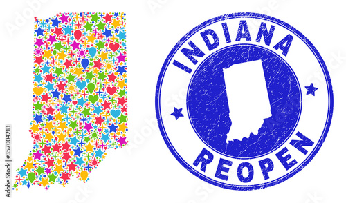 Celebrating Indiana State map mosaic and reopening grunge stamp seal. Vector mosaic Indiana State map is designed of random stars, hearts, balloons.