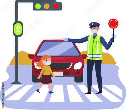 Traffic police is helping a young little girl crossing the road