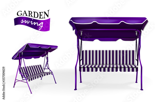 Metallic purple garden swing with canopy on white background vector template. Camping and garden summer furniture
