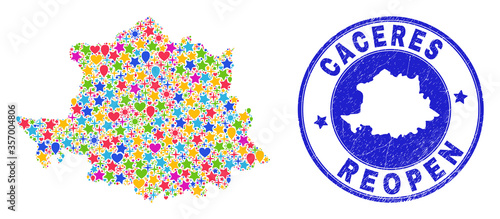 Celebrating Caceres Province map collage and reopening rubber watermark. Vector collage Caceres Province map is organized with randomized stars, hearts, balloons.