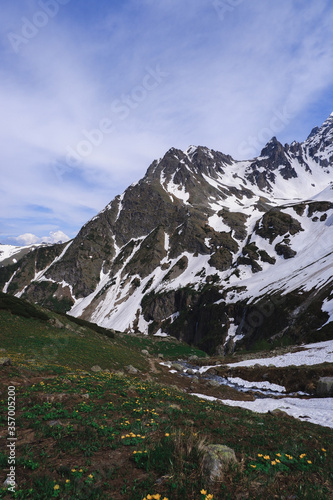 Mountain landscape. Snowy mountain peaks, Caucasian mountains. National Park.