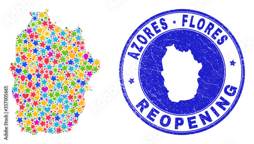 Celebrating Flores Island of Azores map mosaic and reopening rubber seal. Vector mosaic Flores Island of Azores map is organized with scattered stars, hearts, balloons.