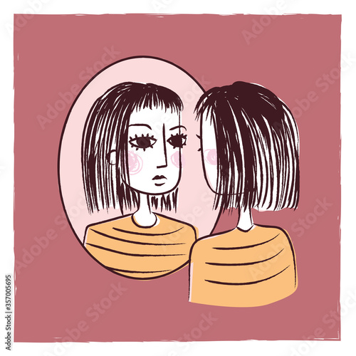 Sad woman looking at her face in the mirror feeling ugly  - Depression stress hypersensitivity character theme 