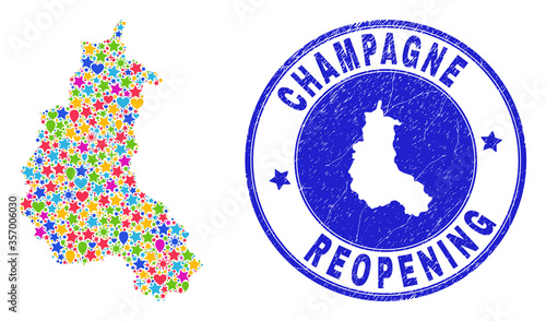 Celebrating Champagne Province map mosaic and reopening scratched watermark. Vector mosaic Champagne Province map is composed with random stars, hearts, balloons.
