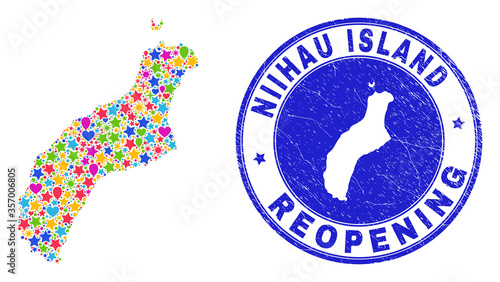 Celebrating Niihau Island map collage and reopening textured stamp seal. Vector collage Niihau Island map is composed of random stars, hearts, balloons.