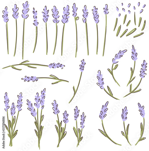 Lavender flower childish vector clipart set isolated on white background.