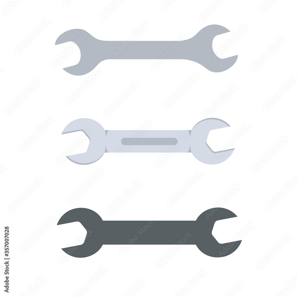 Open-end wrench. Flat, flat with shading and iconic. Vector U-shaped double-ended spanner illustration.