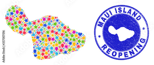 Celebrating Maui Island map mosaic and reopening scratched stamp. Vector mosaic Maui Island map is formed of randomized stars, hearts, balloons.