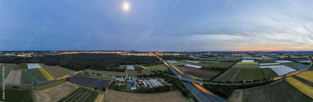 Panoramic drone picture of Highway 5 near Darmstadt and Weiterstadt at sunset