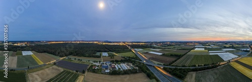 Panoramic drone picture of Highway 5 near Darmstadt and Weiterstadt at sunset