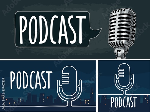 Podcast handwriting lettering. Microphone vintage vector color engraving