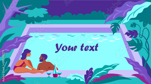 people have a rest near pool, around exotic plants, a man and a woman communicate.