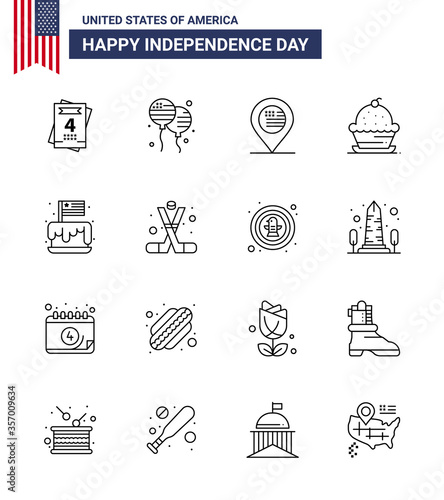 16 USA Line Pack of Independence Day Signs and Symbols of cake; thanksgiving; location; sweet; dessert photo