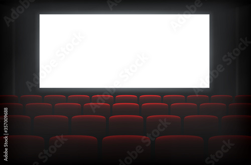 Cinema dark hall, auditorium with red seats, white empty screen realistic mock up, template.