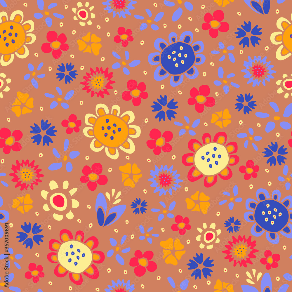 Seamless vector pattern with hand drawn flowers on pink background. Beautiful floral wallpaper design. Hippies fashion fabric style.