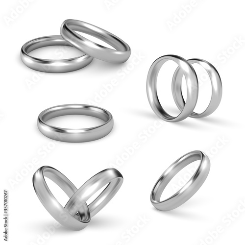 Silver rings for engagement, wedding realistic set. Pair of white gold, platinum jewelry accessories.