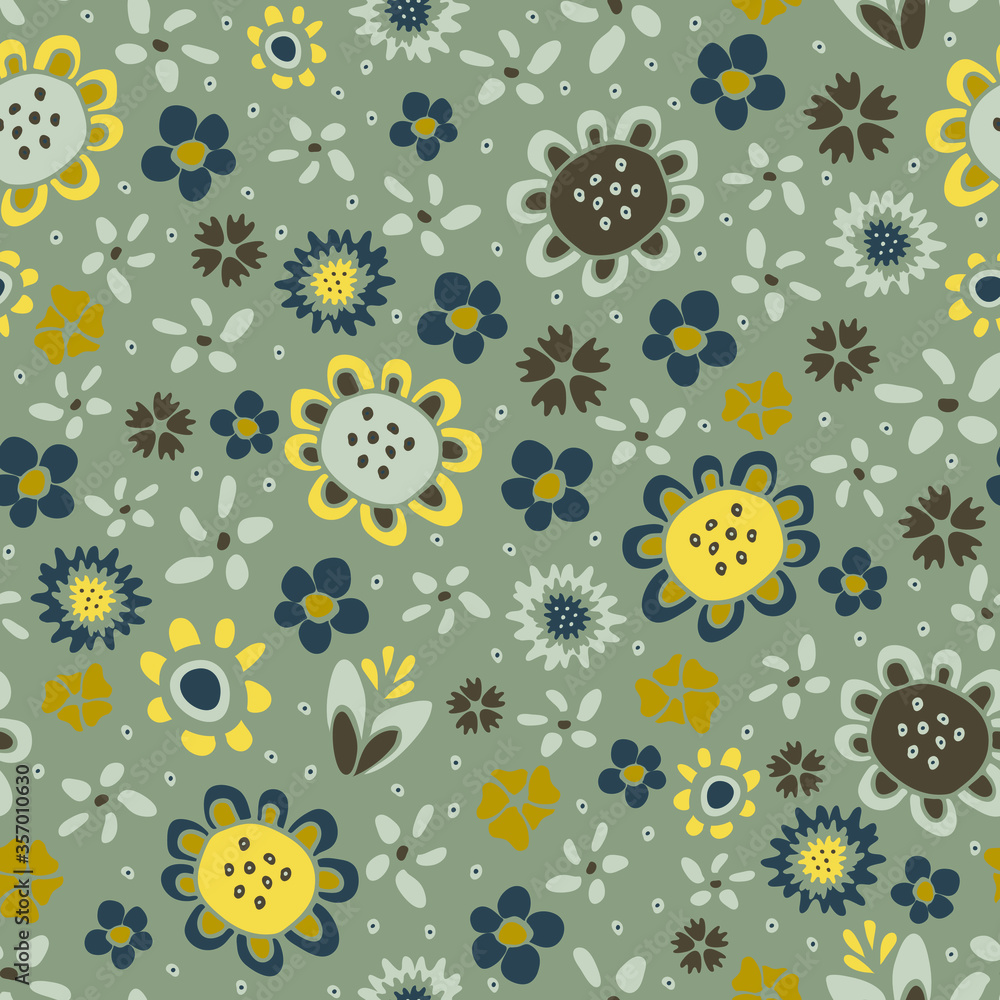 Seamless vector pattern with hand drawn flowers on grey background. Beautiful modern floral wallpaper design. Hippy fabric fashion style. Seamless vector pattern with hand drawn flowers on grey background. Beautiful modern floral wallpaper design. Hippy fabric fashion style.