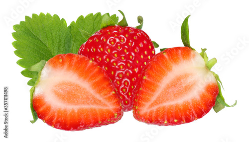 Strawberries whole and cut isolated on white background
