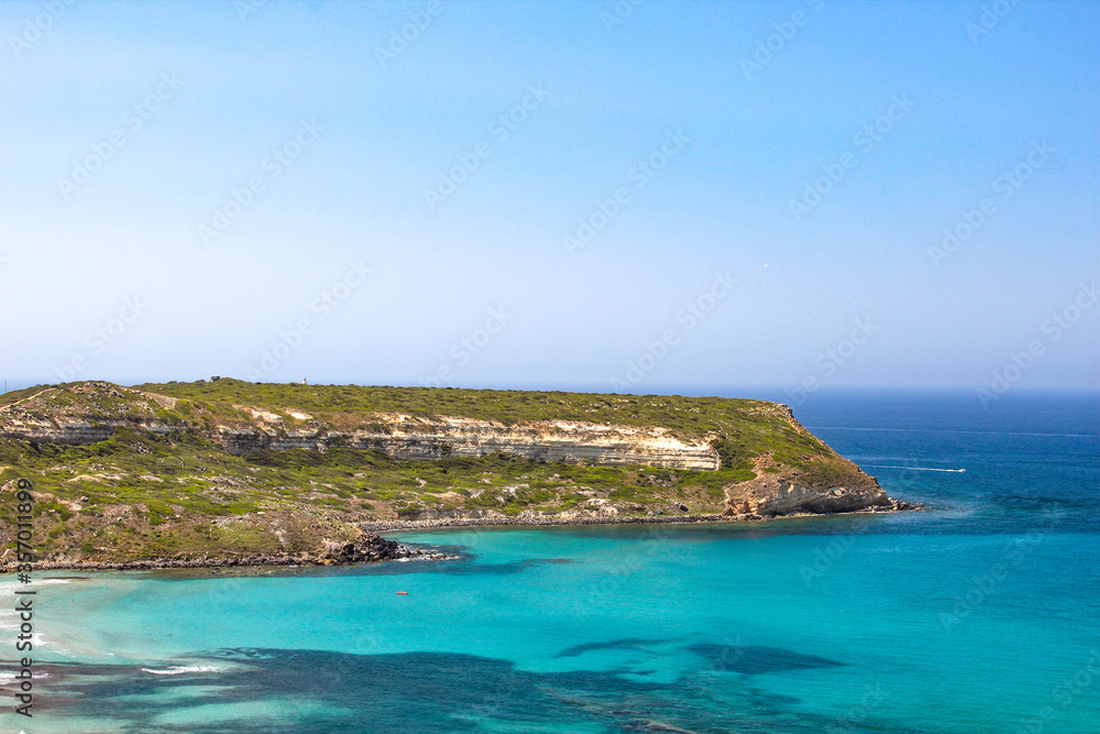 Landscape of paradise island beach. Blue water seascape. Summer.