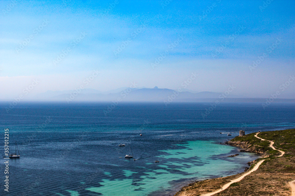 Landscape of paradise island beach. Blue water seascape. Summer.