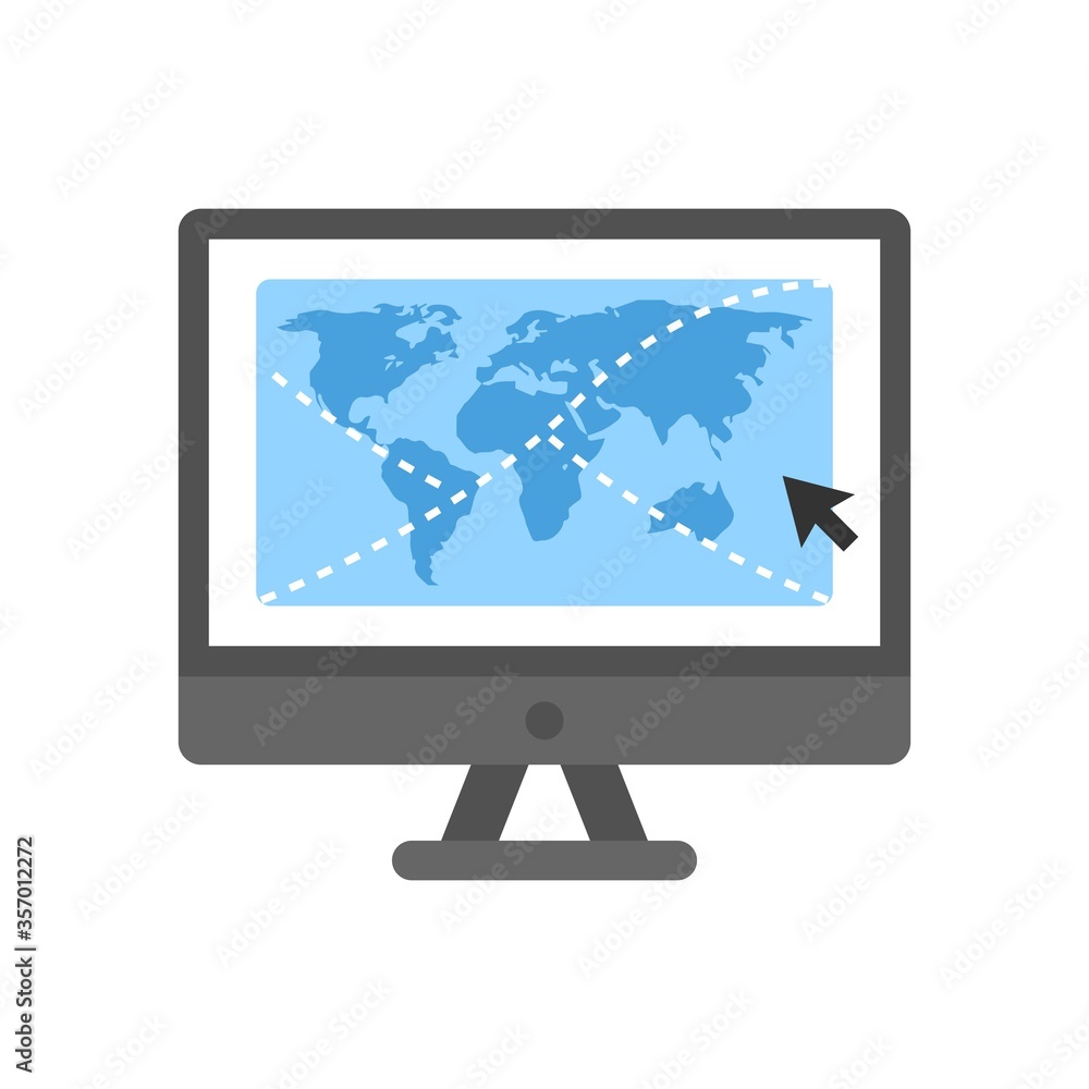 Computer screen with world map. GPS website, navigation program symbol. Computer screen with world map. GPS website, navigation program symbol.
