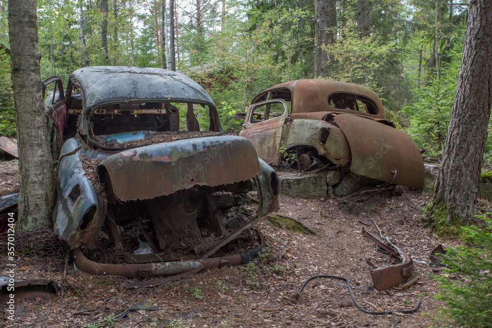 Old cars in Sscrapyard in forest in Ryd Sweden