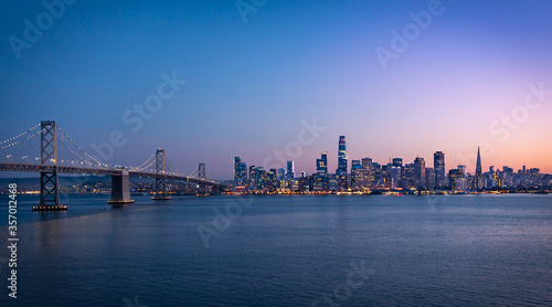 San Francisco skyline and bay bridge at sunset