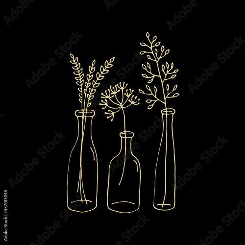 Cute doodle blade of grass in a bottle on a black background. Hand-drawn vector illustration.