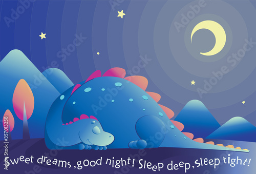 Vector illustration of cute sleeping dragon with moon and stars. Isolated objects.