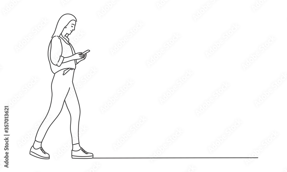 Line drawing vector illustration of young woman using phone. Girl going. Line drawing vector illustration of young woman using phone. Girl going.