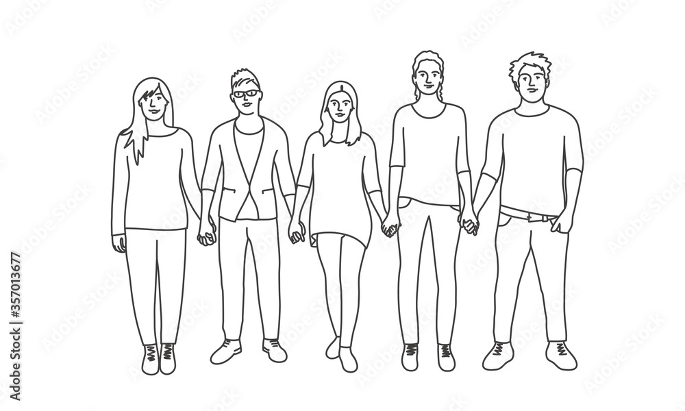Students holding hands. Line drawing vector illustration. Students holding hands. Line drawing vector illustration.