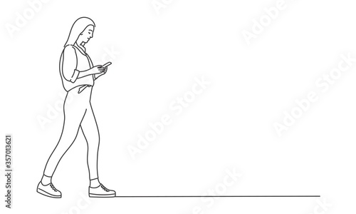 Line drawing vector illustration of young woman using phone. Girl going.