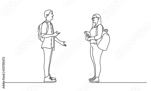 Students are talking. Line drawing vector illustration.