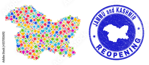 Celebrating Jammu and Kashmir State map collage and reopening grunge stamp. Vector collage Jammu and Kashmir State map is formed with randomized stars, hearts, balloons.