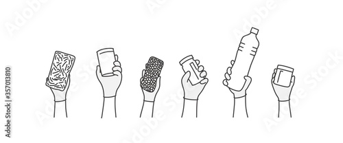 Hands in gloves hold products. Line drawing vector illustration.
