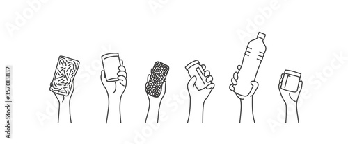 Hands hold products. Line drawing vector illustration.