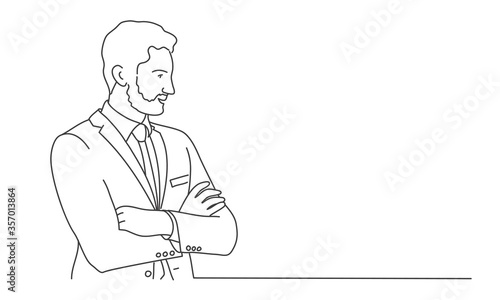 Man with beard and crossed arms. Line drawing vector illustration.