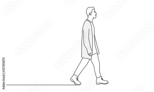 Walking guy. Line drawing vector illustration.