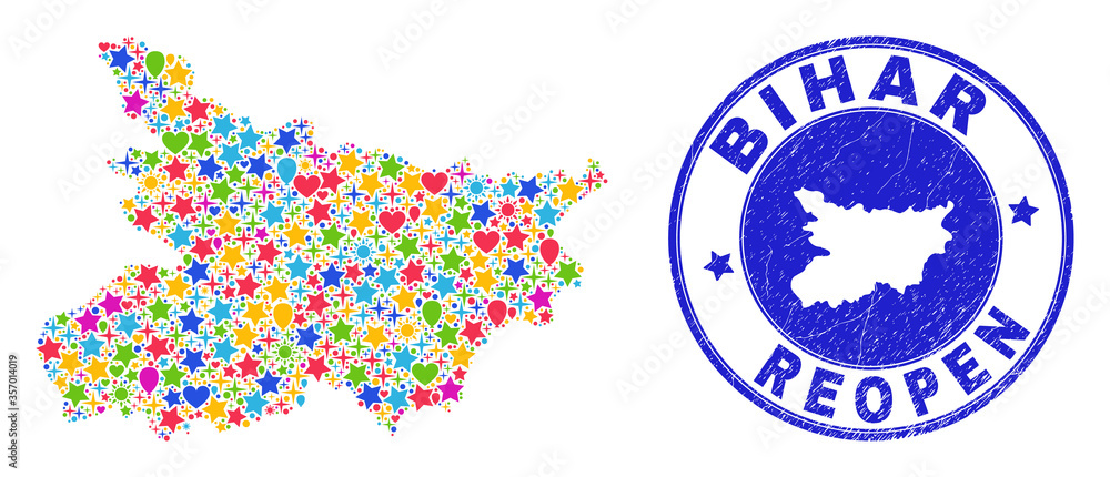 Celebrating Bihar State map mosaic and reopening rubber seal. Vector mosaic Bihar State map is constructed from scattered stars, hearts, balloons.