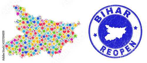 Celebrating Bihar State map mosaic and reopening rubber seal. Vector mosaic Bihar State map is constructed from scattered stars, hearts, balloons.